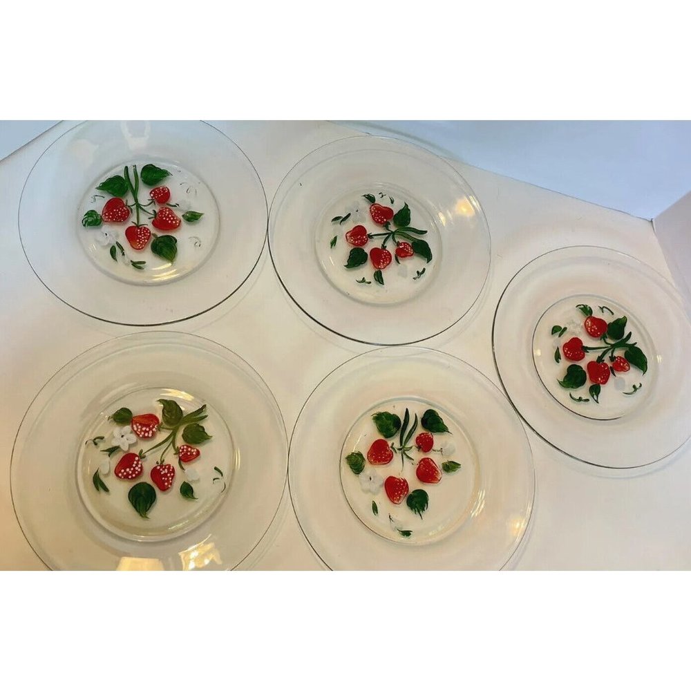 Set of 5 Hand-Painted Strawberries & Blossoms On Clear Glass - Salad Plates